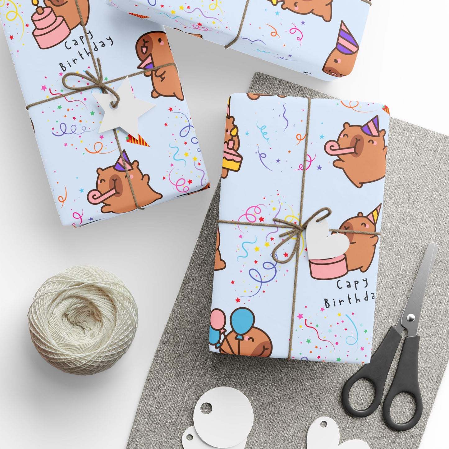 Capybara Birthday Gift Wrapping Paper (Light Blue)