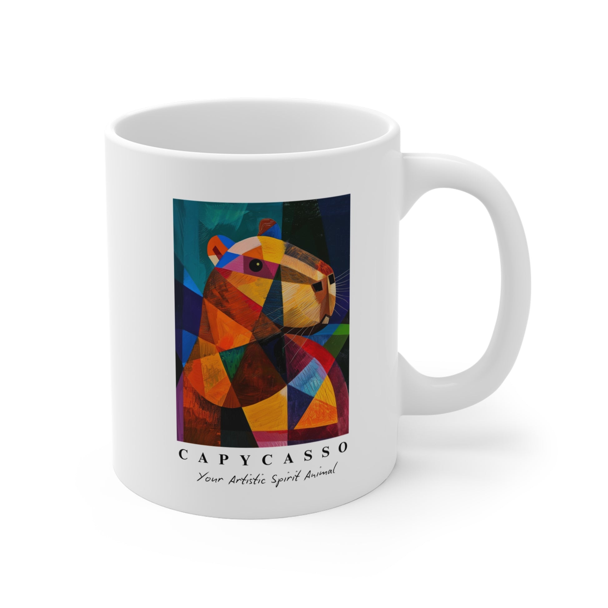 Capybara ceramic mug featuring a painting inspired by Pablo Picasso, with abstract forms and geometric shapes. Perfect for art lovers and capybara enthusiasts, creating a vibe of abstract chaos. Ideal for cozy mornings or artistic tea breaks. Relevant for art enthusiasts, animal lovers, and those who appreciate unique designs. Perfect for gifting on birthdays, Christmas, or as a thank you present.