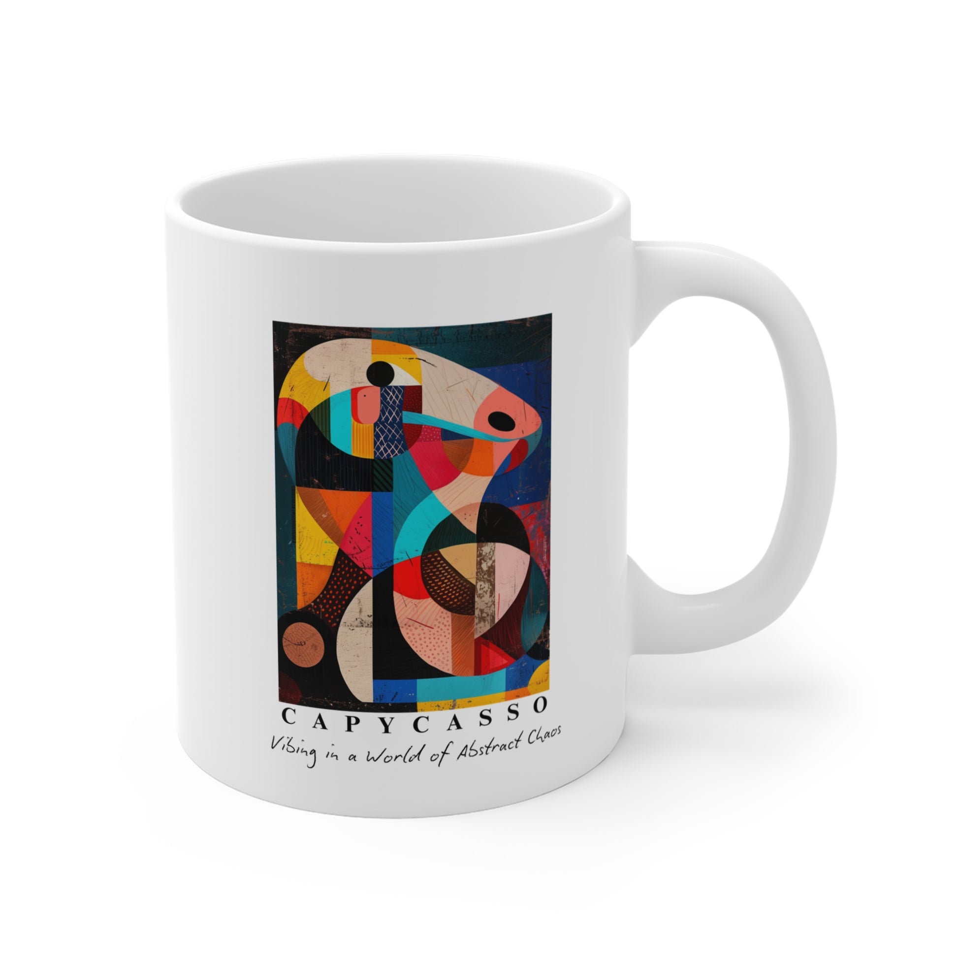 Capybara ceramic mug featuring a painting inspired by Pablo Picasso, with abstract forms and geometric shapes. Perfect for art lovers and capybara enthusiasts, creating a vibe of abstract chaos. Ideal for cozy mornings or artistic tea breaks. Relevant for art enthusiasts, animal lovers, and those who appreciate unique designs. Perfect for gifting on birthdays, Christmas, or as a thank you present.