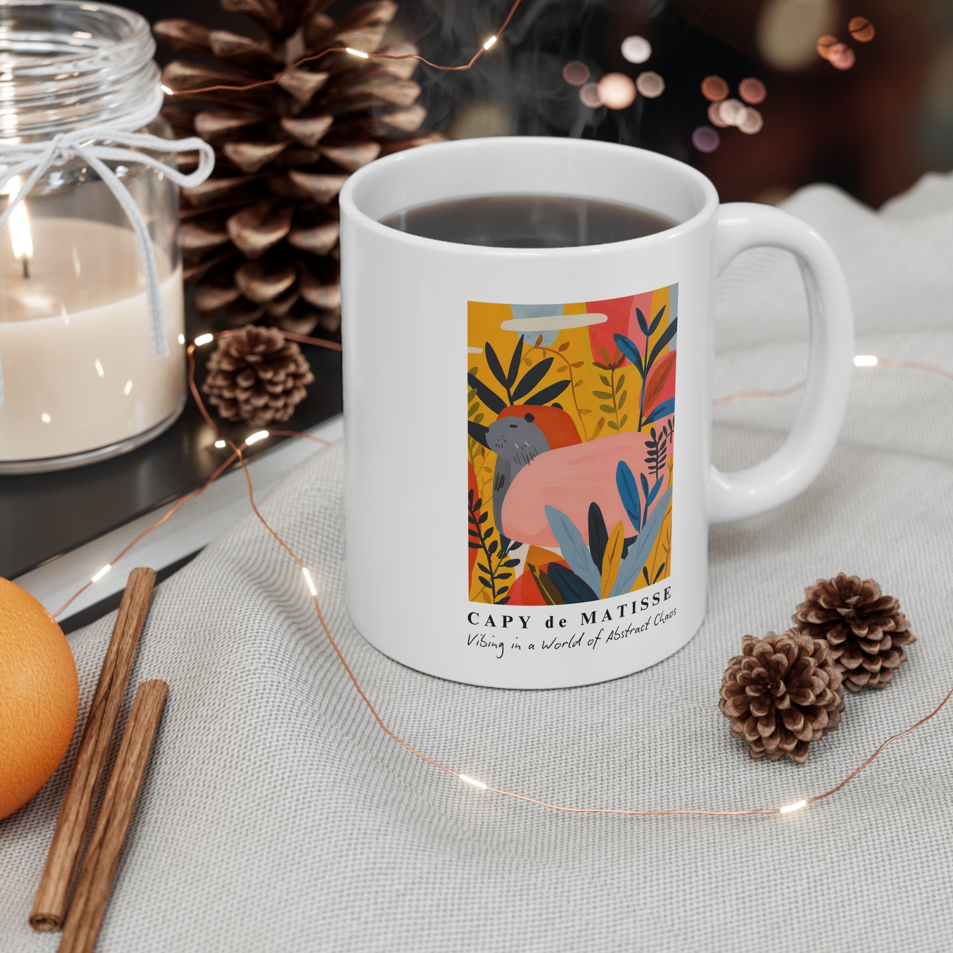 Capybara ceramic mug featuring a painting inspired by artist Henri Matisse, with a hidden capybara. Perfect for art lovers and capybara enthusiasts, creating a vibe of abstract chaos. Ideal for cozy mornings or artistic tea breaks. Relevant for art enthusiasts, animal lovers, and those who appreciate unique designs. Perfect for gifting on birthdays, Christmas, or as a thank you present.