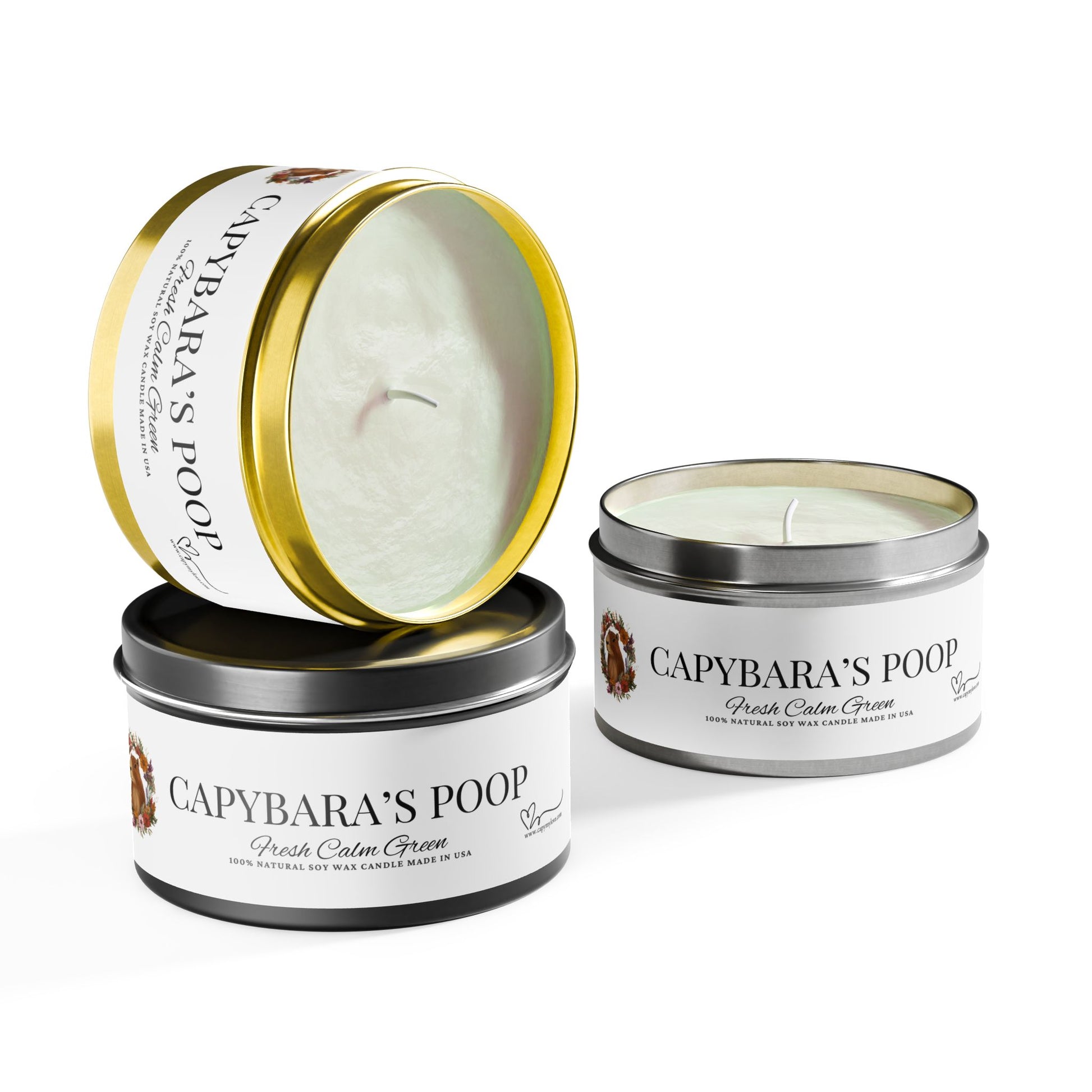 Funny gift- Scented Tin Candles - CAPYBARAS POOP - Surprise gift! Actually is a refreshing Evergreen Scent with Cypress, Lemon peel
Eco-friendly, hand-poured coconut soy wax 
Lead and zinc-free cotton wick
3 tin colors
Average burn time: 20-40hours