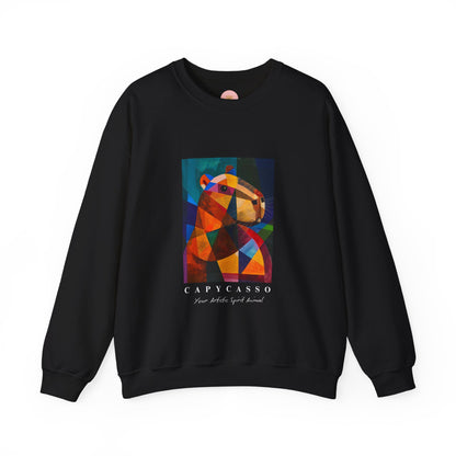 Capycasso Capybara sweatshirt features a painting inspired by Pablo Picasso, with abstract forms and geometric shapes. It adds a funny vibe and is perfect for capybara and art lovers. This cozy sweatshirt is ideal for colder months and offers a comfy wearing experience with top-tier durability.