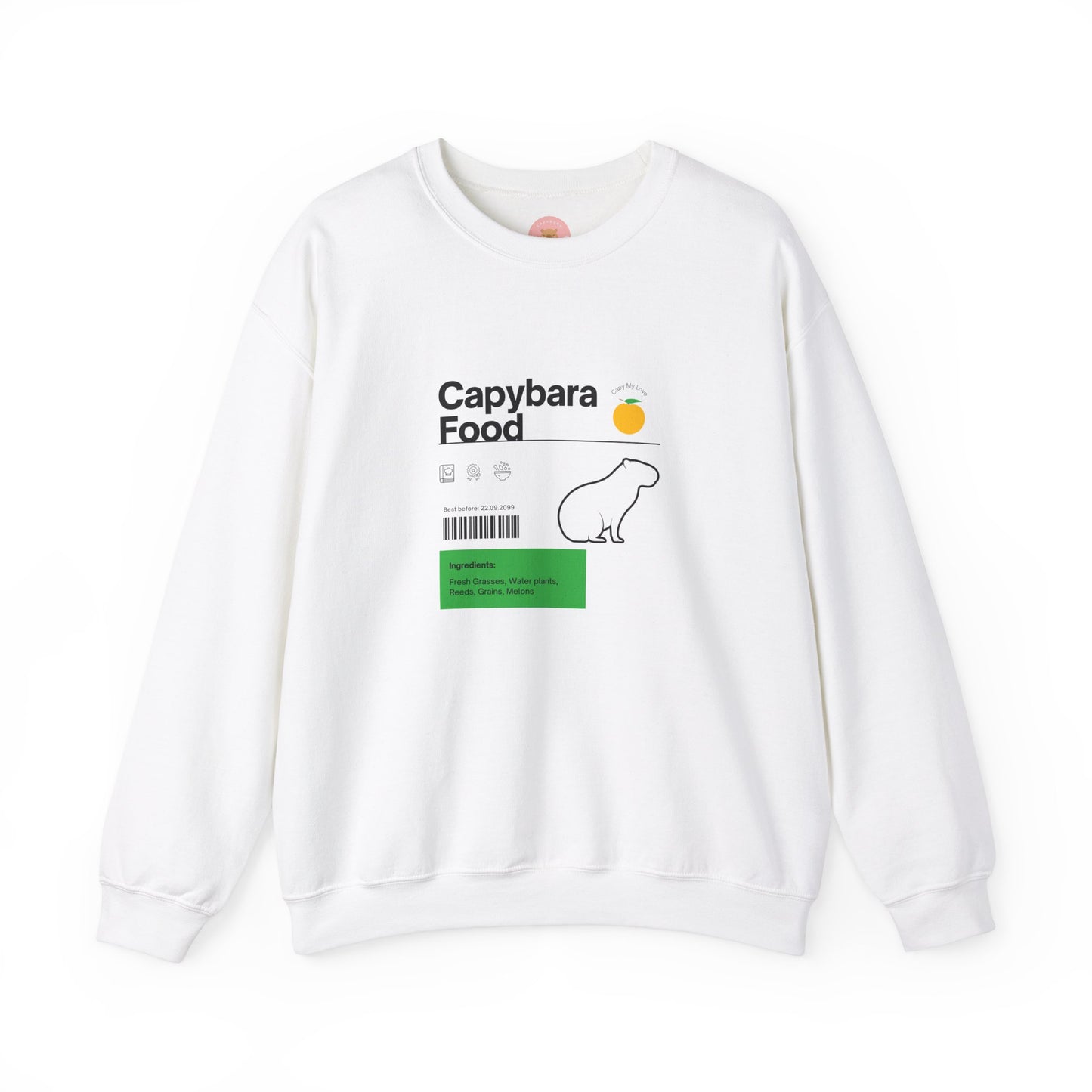 Capybara food label sweatshirt  featuring a capybara food label design with ingredients like fresh grasses, water plants, reeds, grains, and melon - perfect for capybara lovers.
