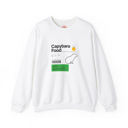 Capybara food label sweatshirt  featuring a capybara food label design with ingredients like fresh grasses, water plants, reeds, grains, and melon - perfect for capybara lovers.