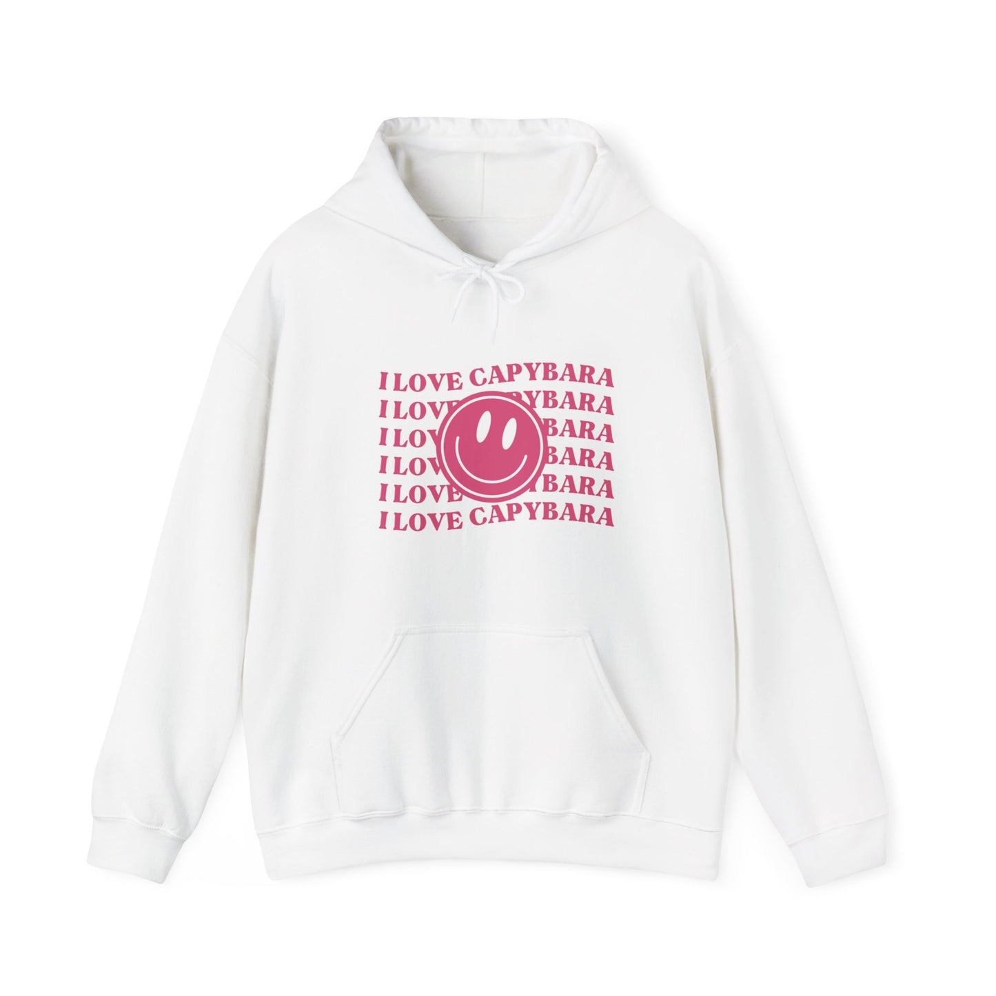 I Love Capybara hooded sweatshirt. This hoodies has a smiley face and is perfect for those who love calm vibes. Soft and comfy, it's an ideal choice for capybara lovers looking for a peaceful, stylish addition to their wardrobe.