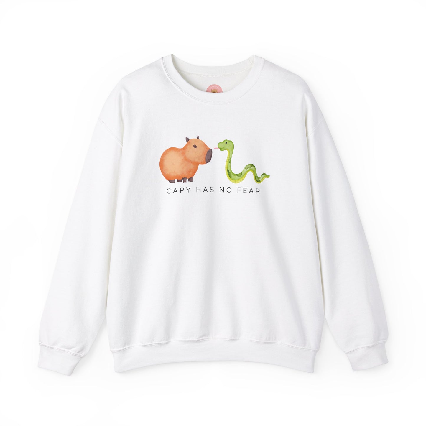 CNY Capybara clothes, Year of the Snake in style with our 'Capy has no fear' Crewneck Sweatshirt! Featuring a bold graphic of a fearless capybara facing a snake, this design is a humorous and symbolic nod to the Chinese New Year. Show off your courage and charm while staying cozy—perfect for family gatherings and festive celebrations!