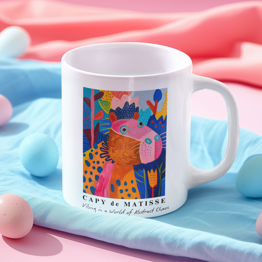 Cute Capybara ceramic mug featuring a painting inspired by artist Henri Matisse, with a silly capybara. Perfect for art lovers and capybara enthusiasts, creating a vibe of abstract chaos. Ideal for cozy mornings or artistic tea breaks. Relevant for art enthusiasts, animal lovers, and those who appreciate unique designs. Perfect for gifting on birthdays, Christmas, or as a thank you present.