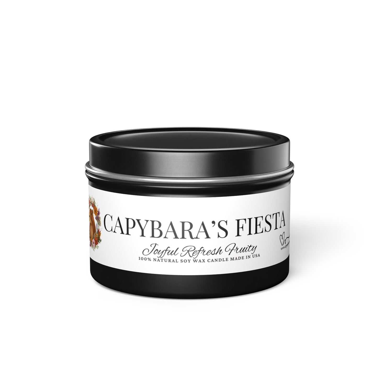 Funny gift- Scented Tin Candles - CAPYBARAS Fiesta- Actually is a Tropical mango coconut Scent with pineapple, orange and peach.
Eco-friendly, hand-poured coconut soy wax 
Lead and zinc-free cotton wick
3 tin colors
Average burn time: 20-40hours