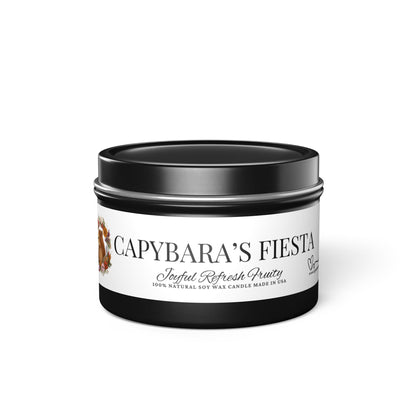 Funny gift- Scented Tin Candles - CAPYBARAS Fiesta- Actually is a Tropical mango coconut Scent with pineapple, orange and peach.
Eco-friendly, hand-poured coconut soy wax 
Lead and zinc-free cotton wick
3 tin colors
Average burn time: 20-40hours