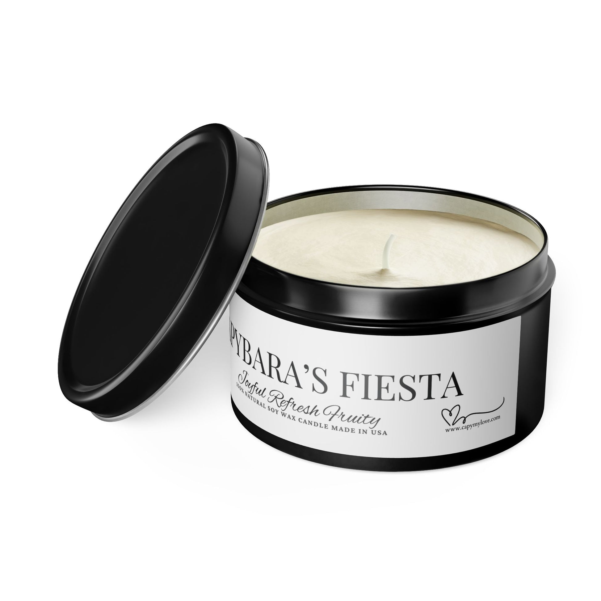 Funny gift- Scented Tin Candles - CAPYBARAS Fiesta- Actually is a Tropical mango coconut Scent with pineapple, orange and peach.
Eco-friendly, hand-poured coconut soy wax 
Lead and zinc-free cotton wick
3 tin colors
Average burn time: 20-40hours