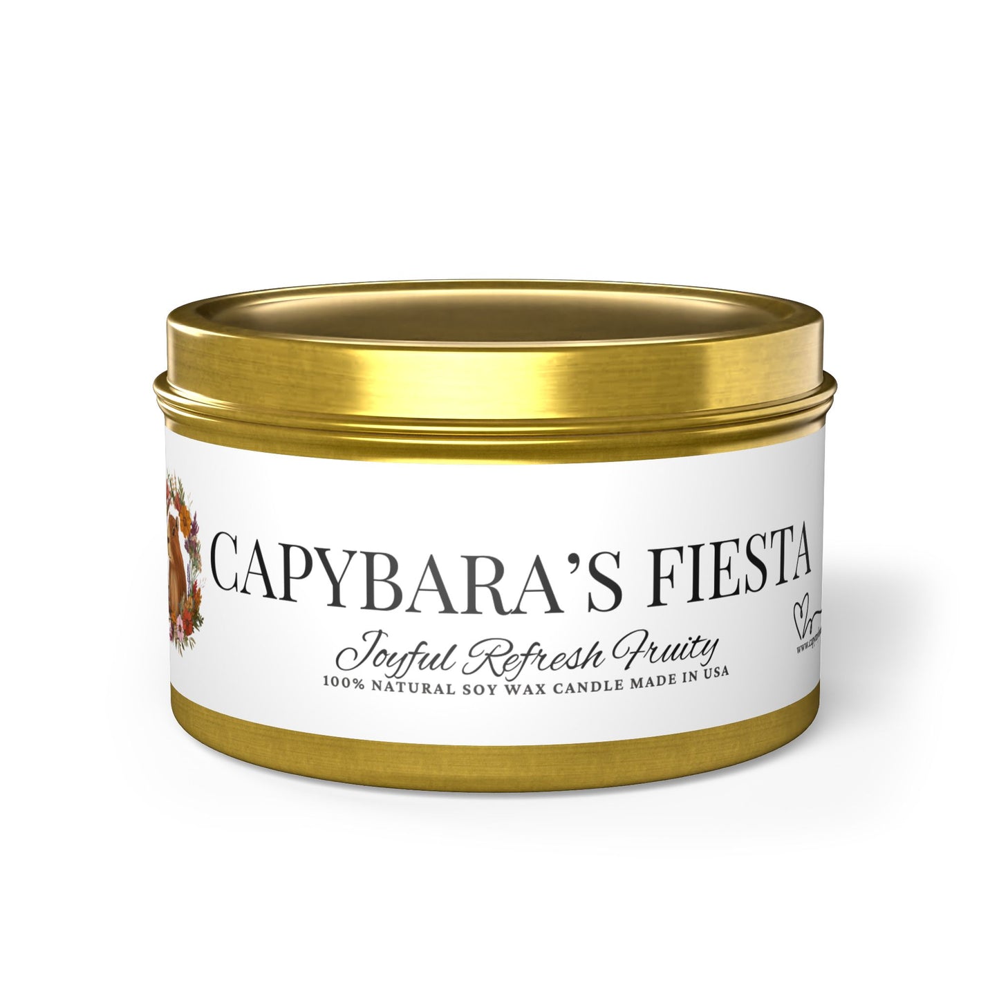 Funny gift- Scented Tin Candles - CAPYBARAS Fiesta- Actually is a Tropical mango coconut Scent with pineapple, orange and peach.
Eco-friendly, hand-poured coconut soy wax 
Lead and zinc-free cotton wick
3 tin colors
Average burn time: 20-40hours