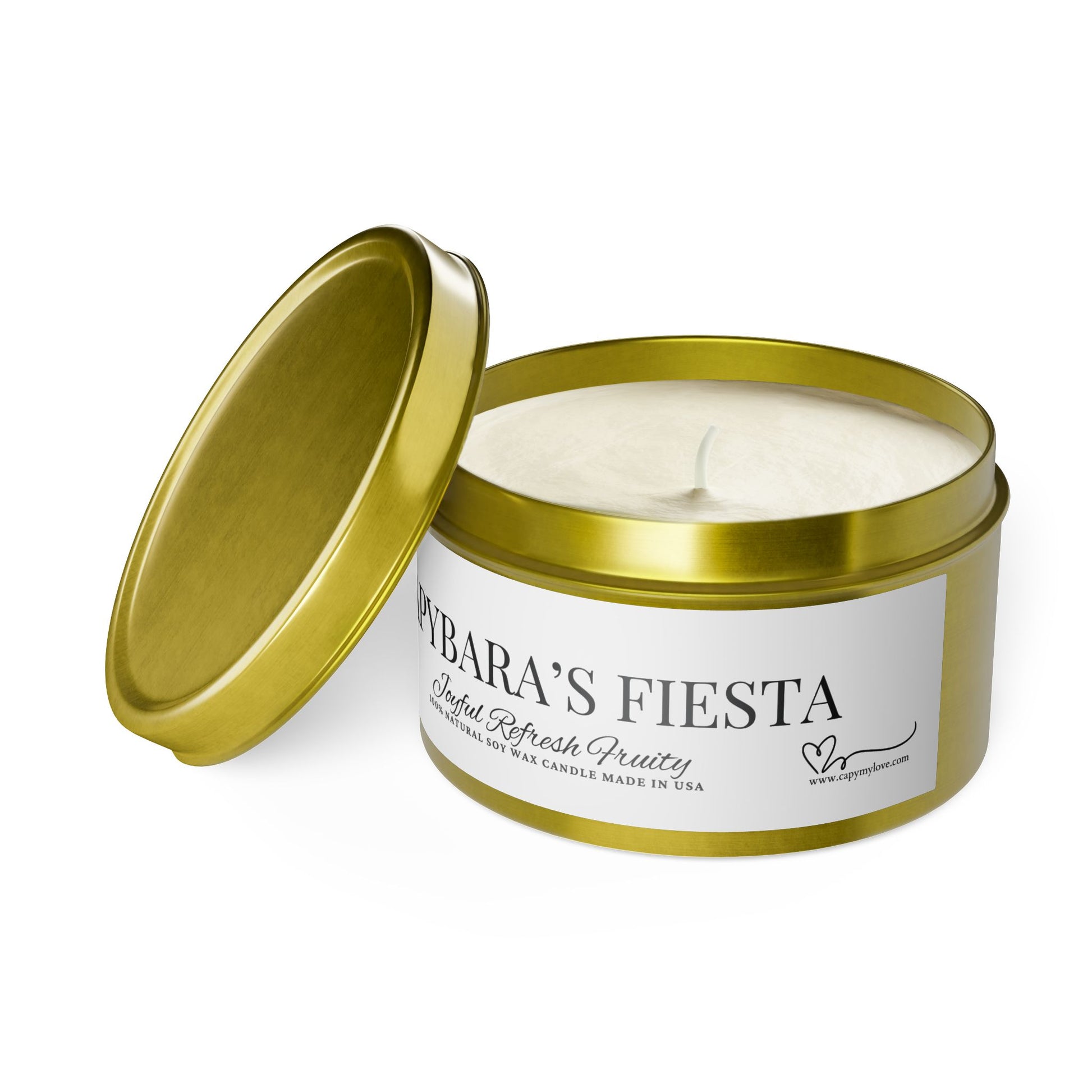 Funny gift- Scented Tin Candles - CAPYBARAS Fiesta- Actually is a Tropical mango coconut Scent with pineapple, orange and peach.
Eco-friendly, hand-poured coconut soy wax 
Lead and zinc-free cotton wick
3 tin colors
Average burn time: 20-40hours