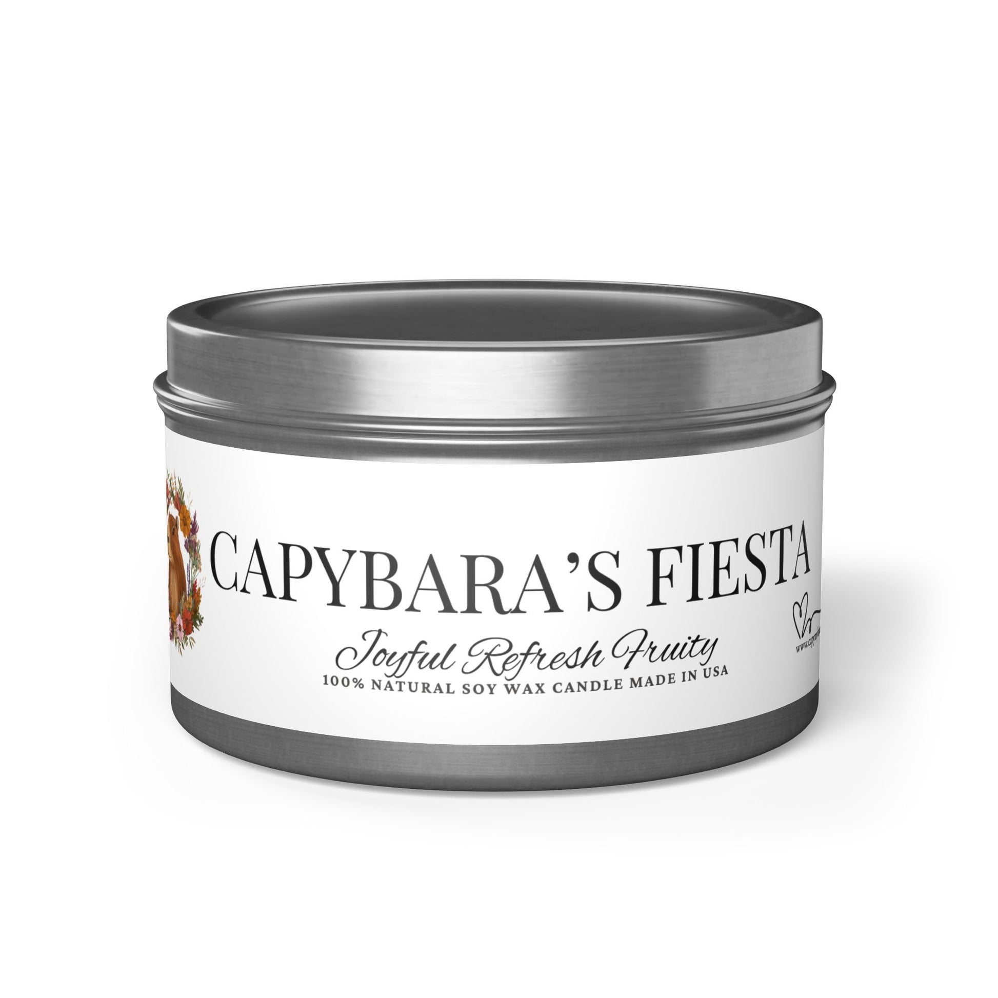 Funny gift- Scented Tin Candles - CAPYBARAS Fiesta- Actually is a Tropical mango coconut Scent with pineapple, orange and peach.
Eco-friendly, hand-poured coconut soy wax 
Lead and zinc-free cotton wick
3 tin colors
Average burn time: 20-40hours