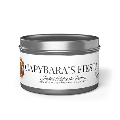 Funny gift- Scented Tin Candles - CAPYBARAS Fiesta- Actually is a Tropical mango coconut Scent with pineapple, orange and peach.
Eco-friendly, hand-poured coconut soy wax 
Lead and zinc-free cotton wick
3 tin colors
Average burn time: 20-40hours