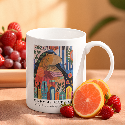 Capy de Matisse Capybara ceramic mug featuring a painting inspired by artist Henri Matisse, with a elegant capybara. Perfect for art lovers and capybara enthusiasts, creating a vibe of abstract chaos. Ideal for cozy mornings or artistic tea breaks. Relevant for art enthusiasts, animal lovers, and those who appreciate unique designs. Perfect for gifting on birthdays, Christmas, or as a thank you present.