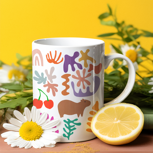 Capybara mug featuring a painting inspired by artist Henri Matisse, with a hidden capybara. Perfect for art lovers and capybara enthusiasts, creating a vibe of abstract chaos. Ideal for cozy mornings or artistic tea breaks. Relevant for art enthusiasts, animal lovers, and those who appreciate unique designs. Perfect for gifting on birthdays, Christmas, or as a thank you present.