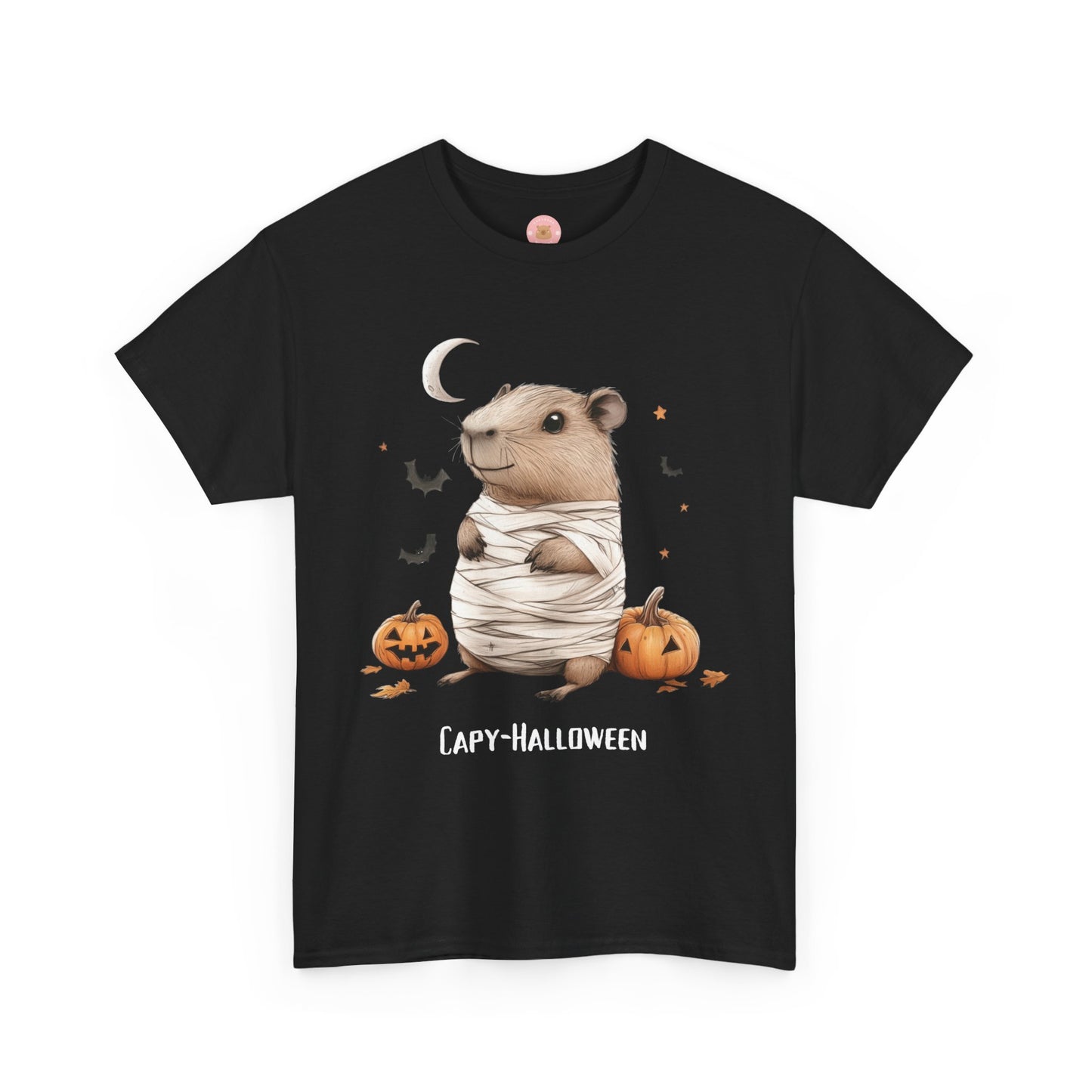 Funny Halloween Capybara T-Shirt, featuring mummy capybara and pumpkin design. For casual wear or costume parties. Available for both adults and kids. Matching outfit for family. Made using 100% US cotton, super comfy, unisex cut design