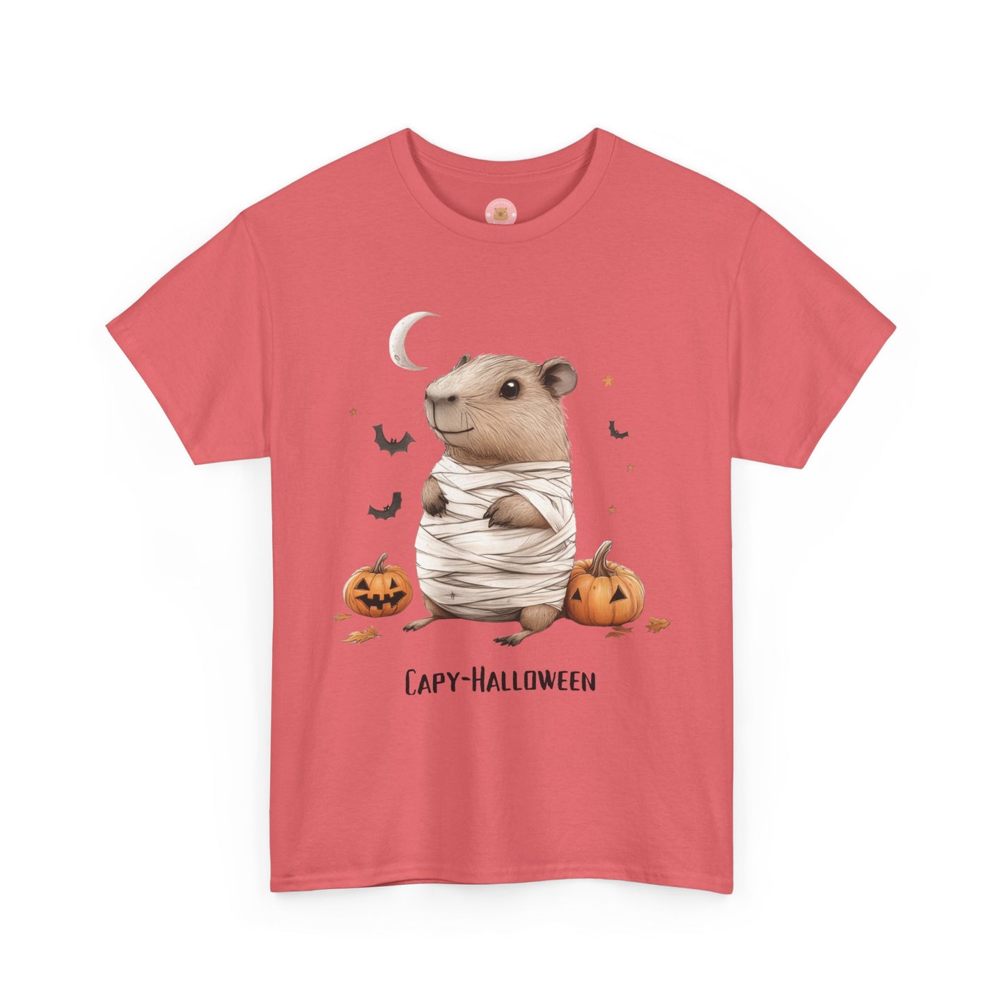 Funny Halloween Capybara T-Shirt, featuring mummy capybara and pumpkin design. For casual wear or costume parties. Available for both adults and kids. Matching outfit for family. Made using 100% US cotton, super comfy, unisex cut design