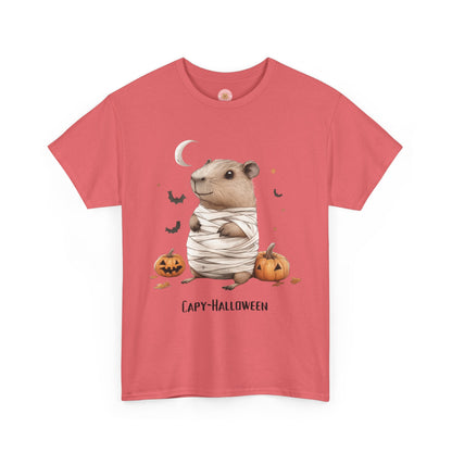 Funny Halloween Capybara T-Shirt, featuring mummy capybara and pumpkin design. For casual wear or costume parties. Available for both adults and kids. Matching outfit for family. Made using 100% US cotton, super comfy, unisex cut design