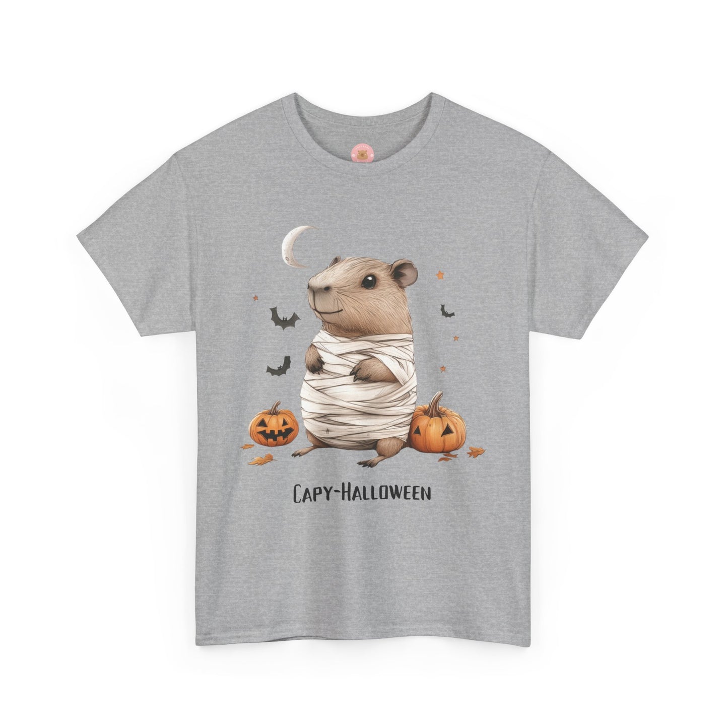 Funny Halloween Capybara T-Shirt, featuring mummy capybara and pumpkin design. For casual wear or costume parties. Available for both adults and kids. Matching outfit for family. Made using 100% US cotton, super comfy, unisex cut design