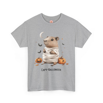 Funny Halloween Capybara T-Shirt, featuring mummy capybara and pumpkin design. For casual wear or costume parties. Available for both adults and kids. Matching outfit for family. Made using 100% US cotton, super comfy, unisex cut design