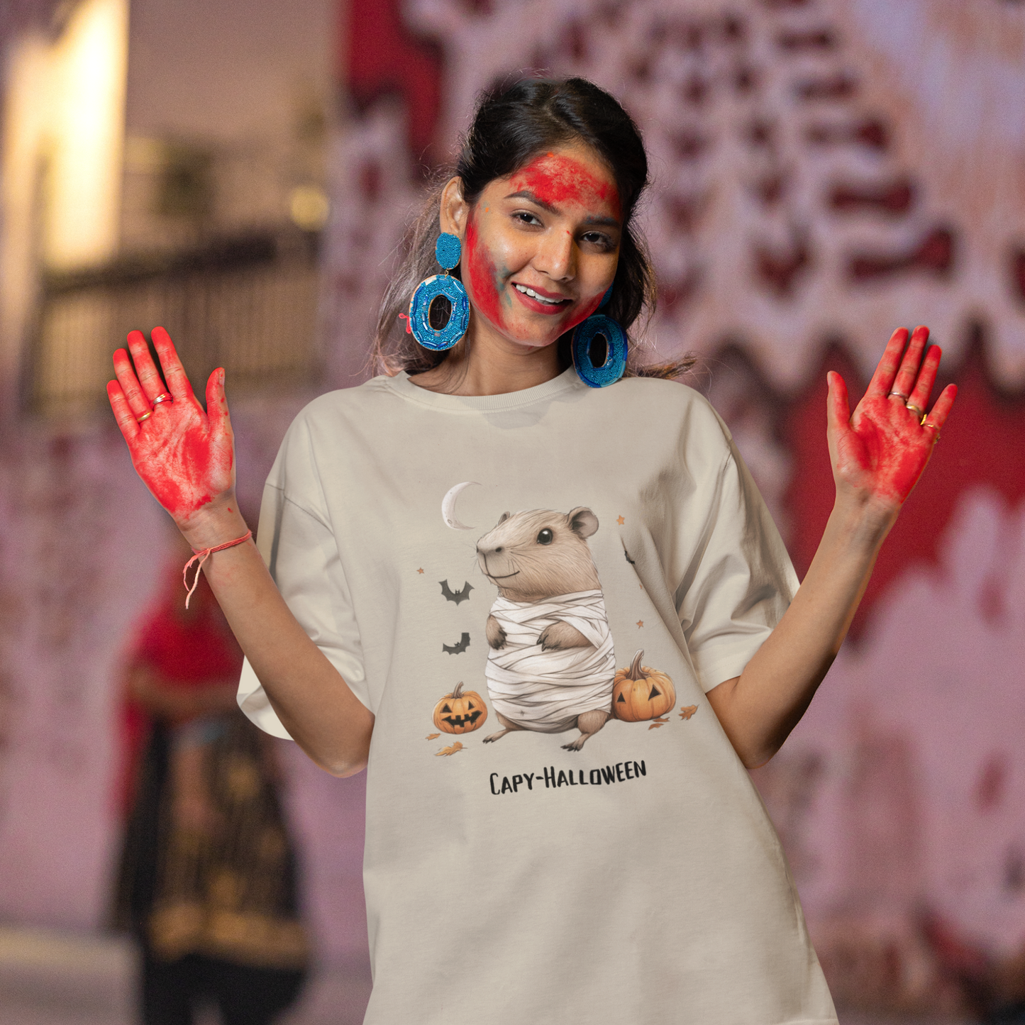 Funny Halloween Capybara T-Shirt, featuring mummy capybara and pumpkin design. For casual wear or costume parties. Available for both adults and kids. Matching outfit for family. Made using 100% US cotton, super comfy, unisex cut design