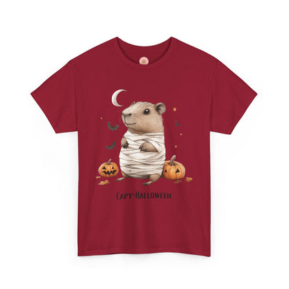 Funny Halloween Capybara T-Shirt, featuring mummy capybara and pumpkin design. For casual wear or costume parties. Available for both adults and kids. Matching outfit for family. Made using 100% US cotton, super comfy, unisex cut design