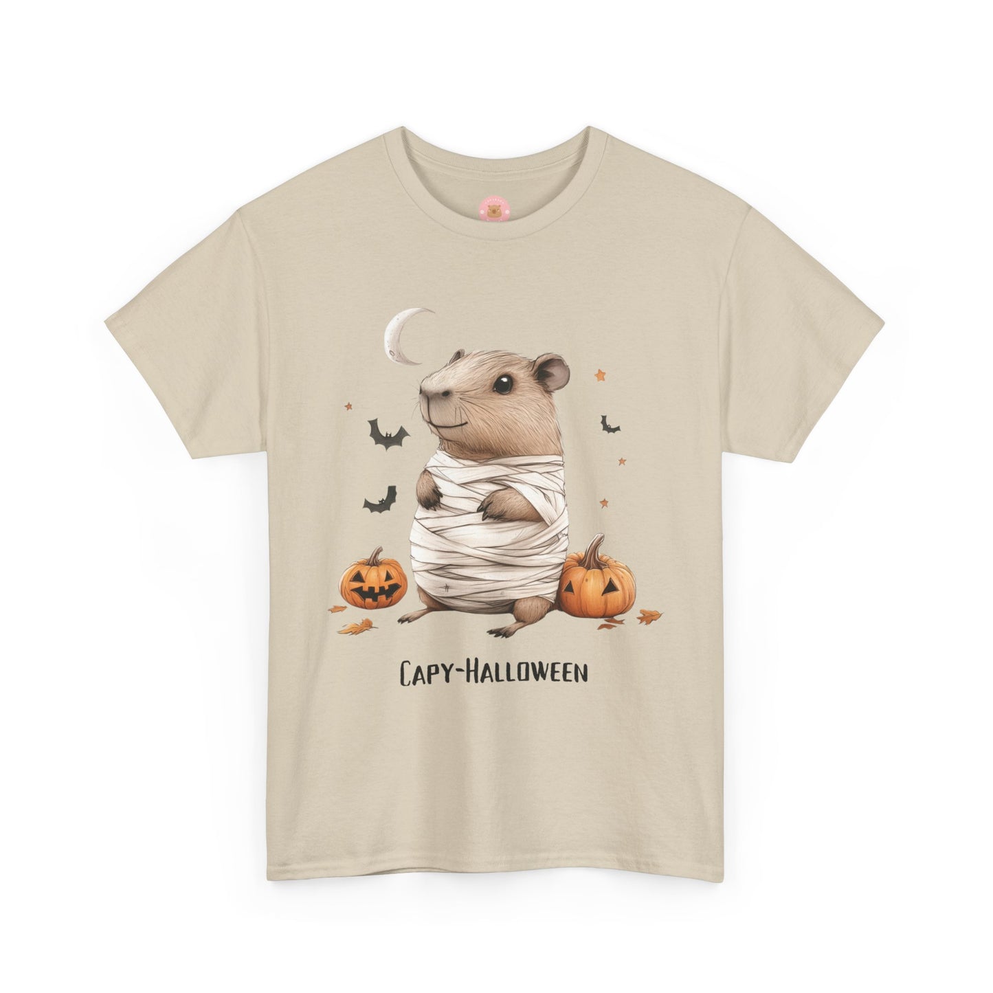 Funny Halloween Capybara T-Shirt, featuring mummy capybara and pumpkin design. For casual wear or costume parties. Available for both adults and kids. Matching outfit for family. Made using 100% US cotton, super comfy, unisex cut design