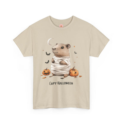 Funny Halloween Capybara T-Shirt, featuring mummy capybara and pumpkin design. For casual wear or costume parties. Available for both adults and kids. Matching outfit for family. Made using 100% US cotton, super comfy, unisex cut design
