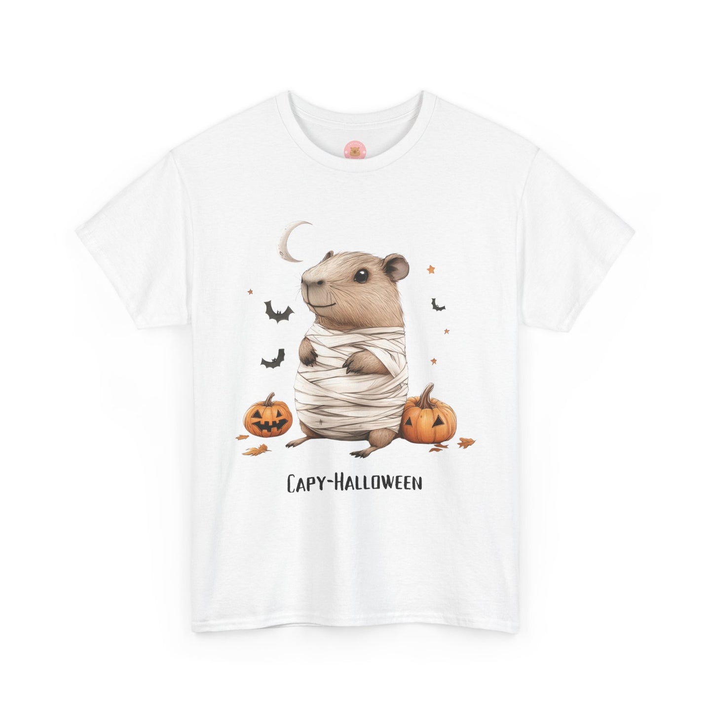 Funny Halloween Capybara T-Shirt, featuring mummy capybara and pumpkin design. For casual wear or costume parties. Available for both adults and kids. Matching outfit for family. Made using 100% US cotton, super comfy, unisex cut design