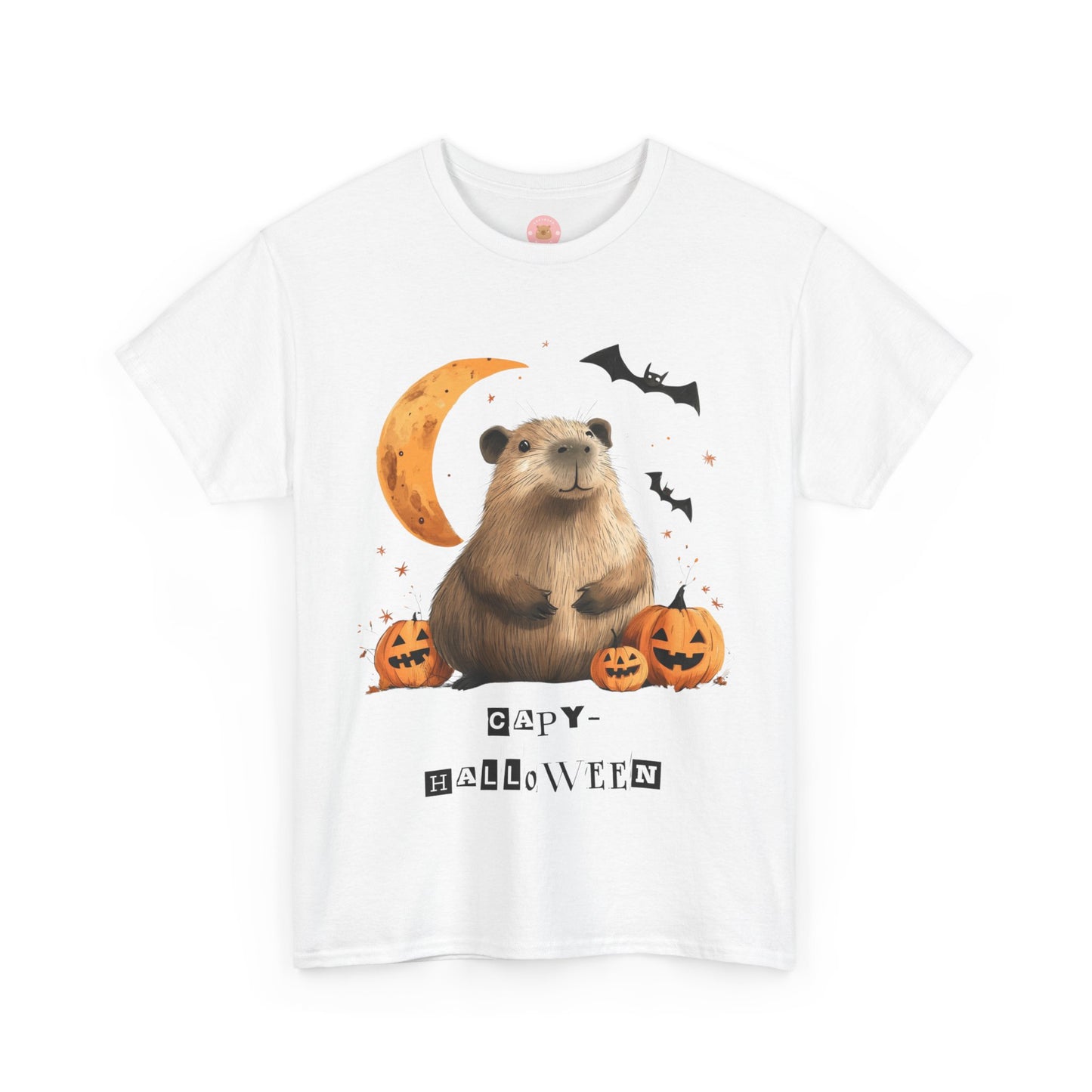 Funny Halloween Capybara T-Shirt, featuring capybara and pumpkin design. For casual wear or costume parties. Available for both adults and kids. Matching outfit for family. Made using 100% US cotton, super comfy, unisex cut design