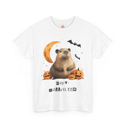 Funny Halloween Capybara T-Shirt, featuring capybara and pumpkin design. For casual wear or costume parties. Available for both adults and kids. Matching outfit for family. Made using 100% US cotton, super comfy, unisex cut design