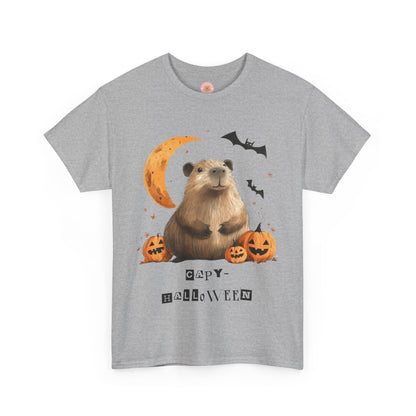 Funny Halloween Capybara T-Shirt, featuring capybara and pumpkin design. For casual wear or costume parties. Available for both adults and kids. Matching outfit for family. Made using 100% US cotton, super comfy, unisex cut design