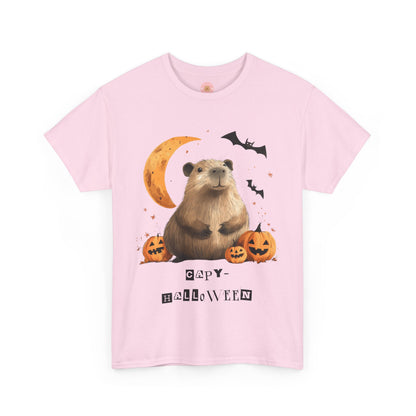 Funny Halloween Capybara T-Shirt, featuring capybara and pumpkin design. For casual wear or costume parties. Available for both adults and kids. Matching outfit for family. Made using 100% US cotton, super comfy, unisex cut design