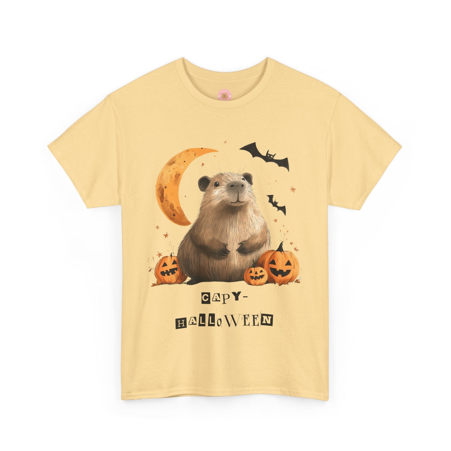 Funny Halloween Capybara T-Shirt, featuring capybara and pumpkin design. For casual wear or costume parties. Available for both adults and kids. Matching outfit for family. Made using 100% US cotton, super comfy, unisex cut design