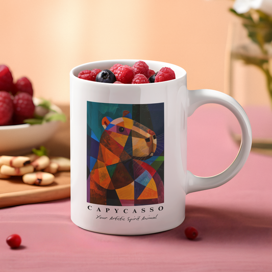 Capybara ceramic mug featuring a painting inspired by Pablo Picasso, with abstract forms and geometric shapes. Perfect for art lovers and capybara enthusiasts, creating a vibe of abstract chaos. Ideal for cozy mornings or artistic tea breaks. Relevant for art enthusiasts, animal lovers, and those who appreciate unique designs. Perfect for gifting on birthdays, Christmas, or as a thank you present.