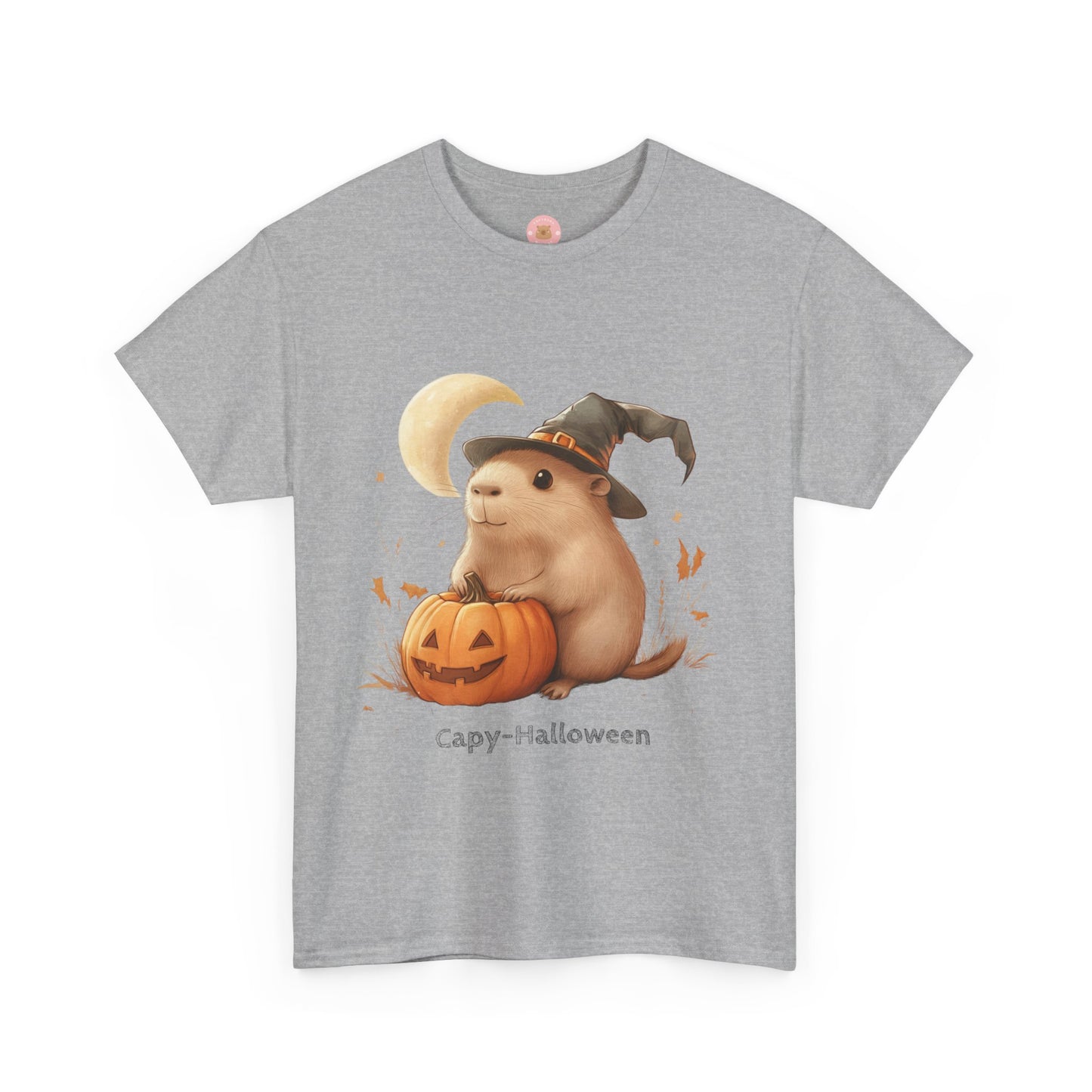Funny Halloween Capybara T-Shirt, featuring capybara and pumpkin design. For casual wear or costume parties. Available for both adults and kids. Matching outfit for family. Made using 100% US cotton, super comfy, unisex cut design