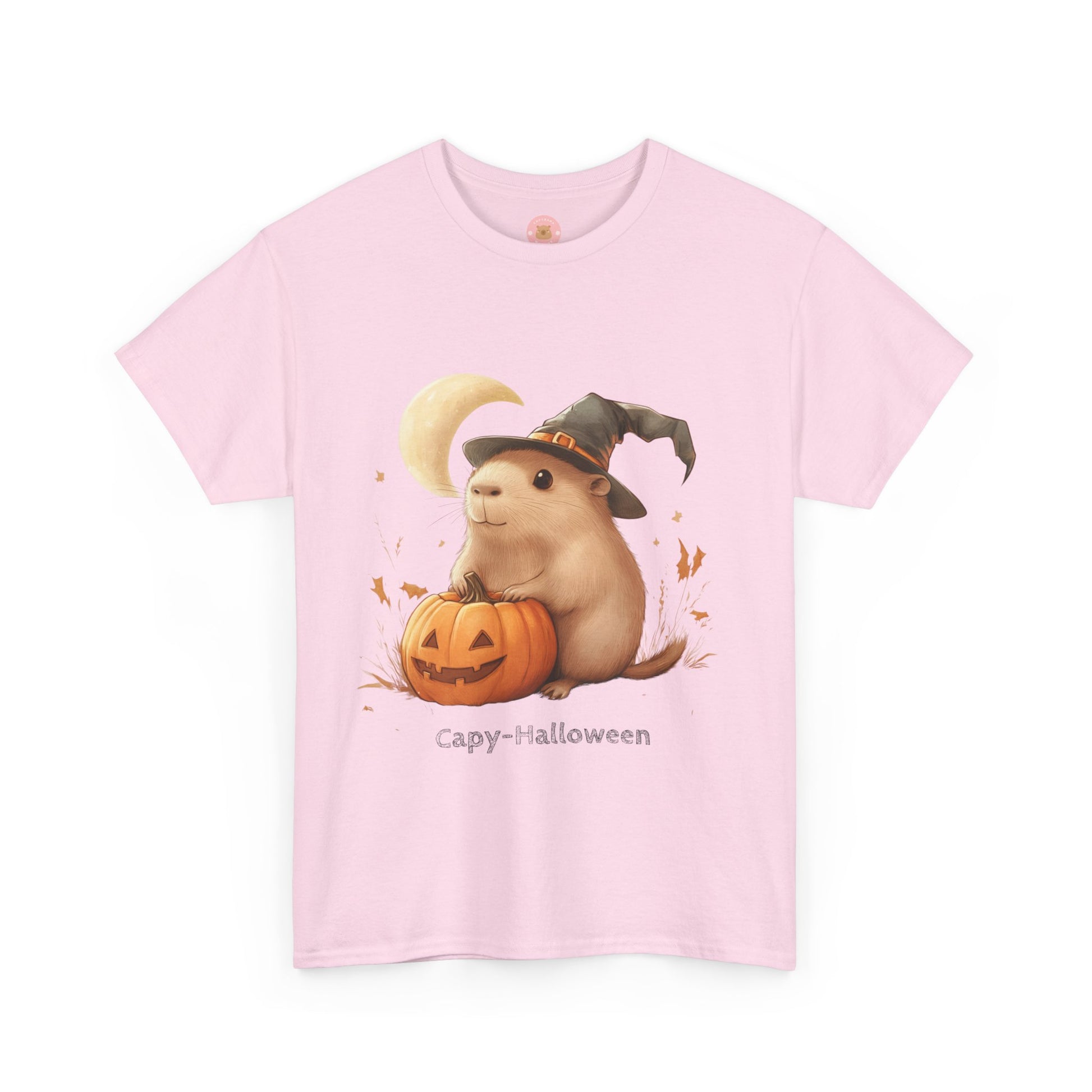 Funny Halloween Capybara T-Shirt, featuring capybara and pumpkin design. For casual wear or costume parties. Available for both adults and kids. Matching outfit for family. Made using 100% US cotton, super comfy, unisex cut design