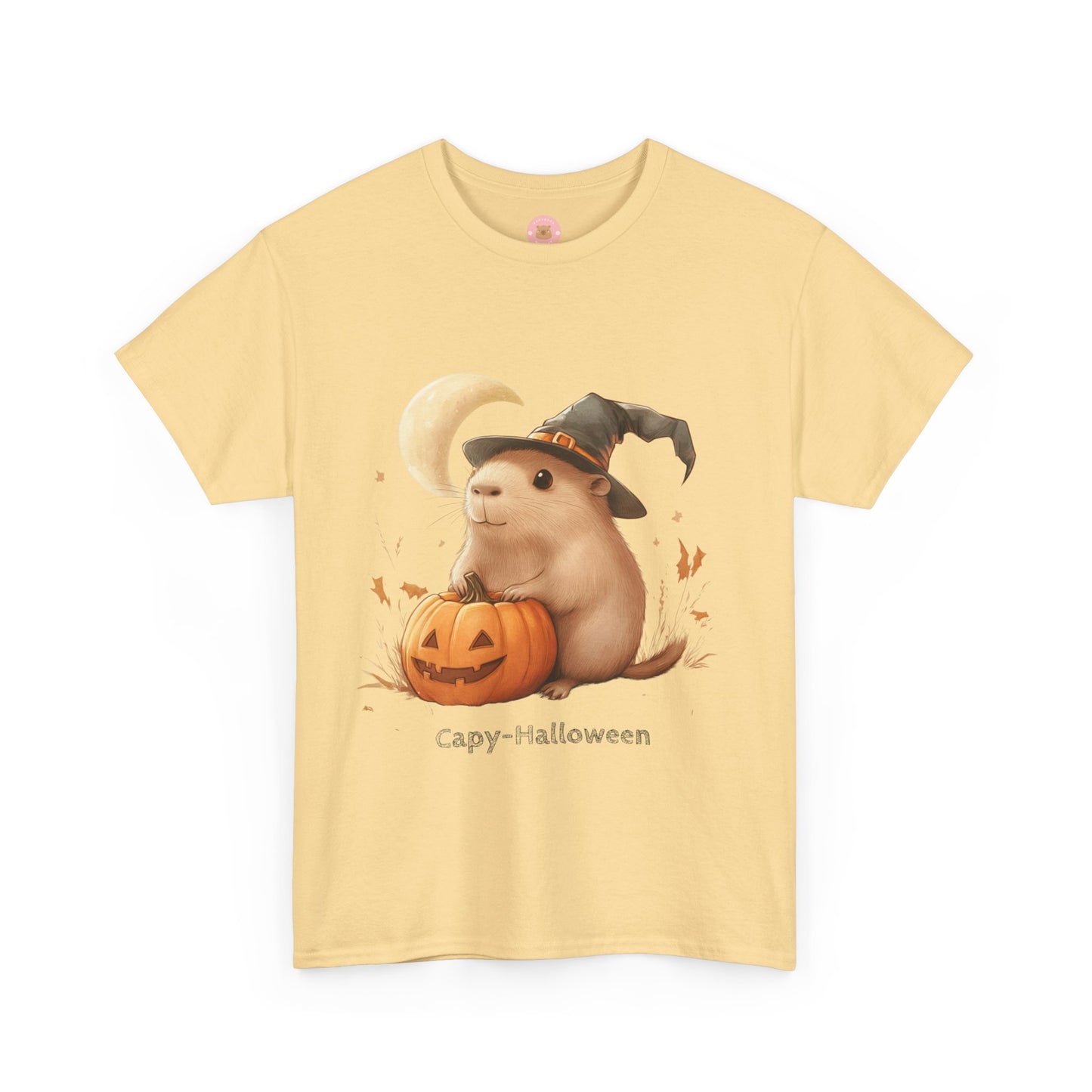 Funny Halloween Capybara T-Shirt, featuring capybara and pumpkin design. For casual wear or costume parties. Available for both adults and kids. Matching outfit for family. Made using 100% US cotton, super comfy, unisex cut design