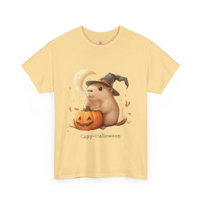 Funny Halloween Capybara T-Shirt, featuring capybara and pumpkin design. For casual wear or costume parties. Available for both adults and kids. Matching outfit for family. Made using 100% US cotton, super comfy, unisex cut design