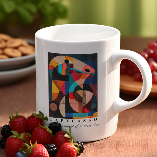 Capybara ceramic mug featuring a painting inspired by Pablo Picasso, with abstract forms and geometric shapes. Perfect for art lovers and capybara enthusiasts, creating a vibe of abstract chaos. Ideal for cozy mornings or artistic tea breaks. Relevant for art enthusiasts, animal lovers, and those who appreciate unique designs. Perfect for gifting on birthdays, Christmas, or as a thank you present.