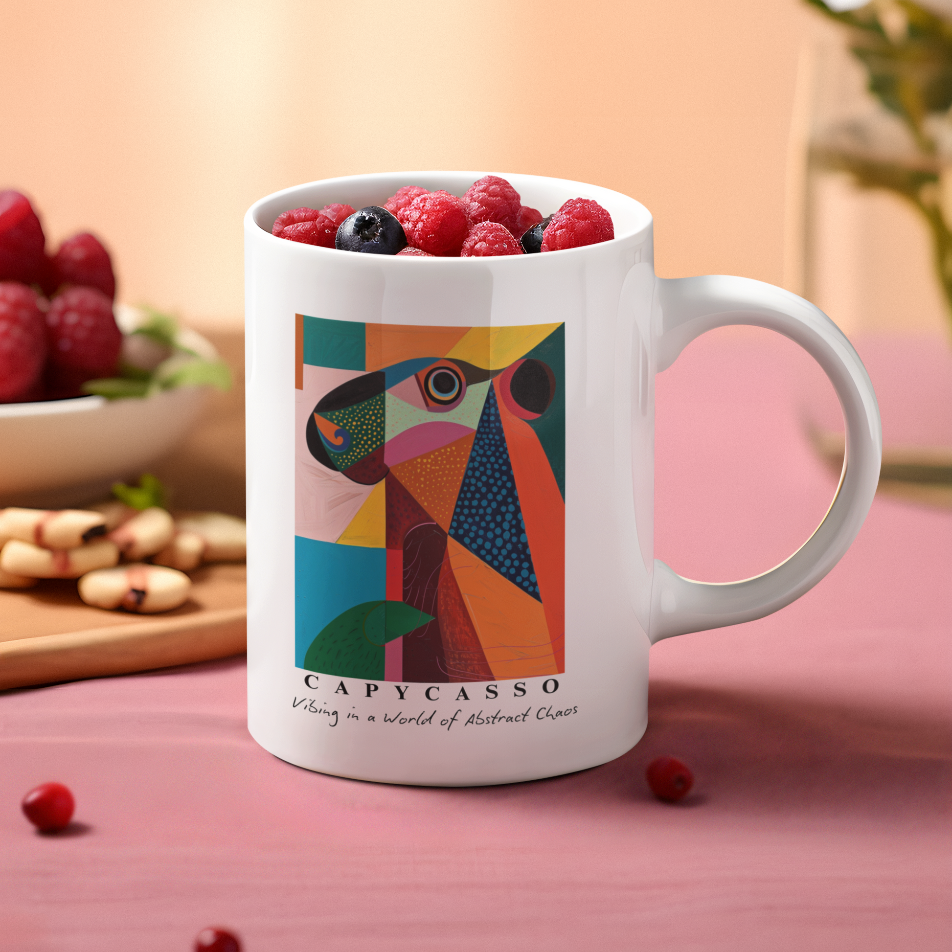 Capybara ceramic mug featuring a painting inspired by Pablo Picasso, with abstract forms and geometric shapes. Perfect for art lovers and capybara enthusiasts, creating a vibe of abstract chaos. Ideal for cozy mornings or artistic tea breaks. Relevant for art enthusiasts, animal lovers, and those who appreciate unique designs. Perfect for gifting on birthdays, Christmas, or as a thank you present.