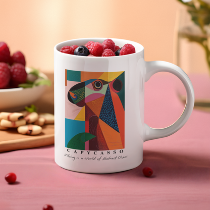 Capybara ceramic mug featuring a painting inspired by Pablo Picasso, with abstract forms and geometric shapes. Perfect for art lovers and capybara enthusiasts, creating a vibe of abstract chaos. Ideal for cozy mornings or artistic tea breaks. Relevant for art enthusiasts, animal lovers, and those who appreciate unique designs. Perfect for gifting on birthdays, Christmas, or as a thank you present.